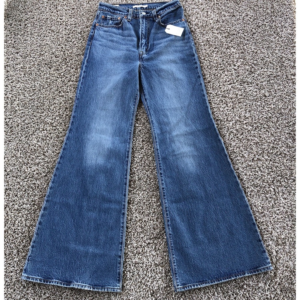 Levis Premium Ribcage Bell Jeans Womens 27 Blue Denim Medium Wash Big Flare NWT